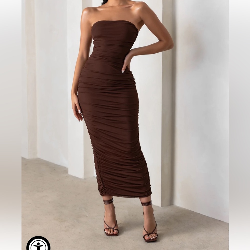 Club London My Lady Strapless Bodycon Ruched Mesh Midi Dress